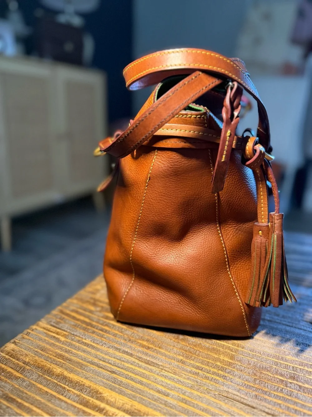 Dooney & Bourke Florentine Leather The Smith Satchel Bag , Tassels, Red Lining - Picture 4 of 15